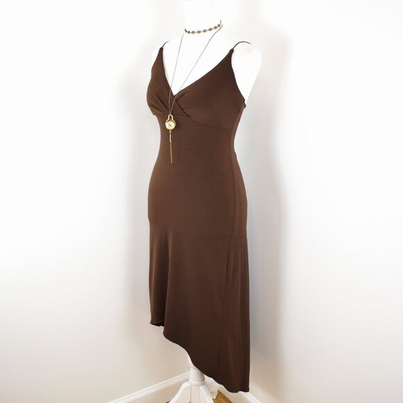 VTG 00s Y2K City Triangles Brown Wrap-Bust V-Neck Asymmetrical Bodycon Dress - Picture 2 of 6